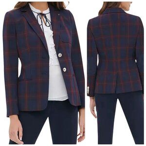 Tommy Hilfiger Navy Red Plaid Blazer Jacket Women’s Size 14 Elbow Patches